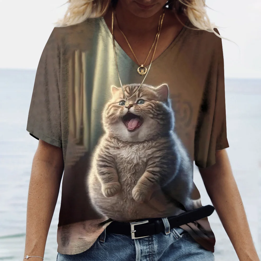 Women\'s T-shirt Kawaii Cat Print 3D T Shirt Top Girls Y2k Clothing Summer Short Sleeve Tees V-neck Casual Holiday Female T-shirt