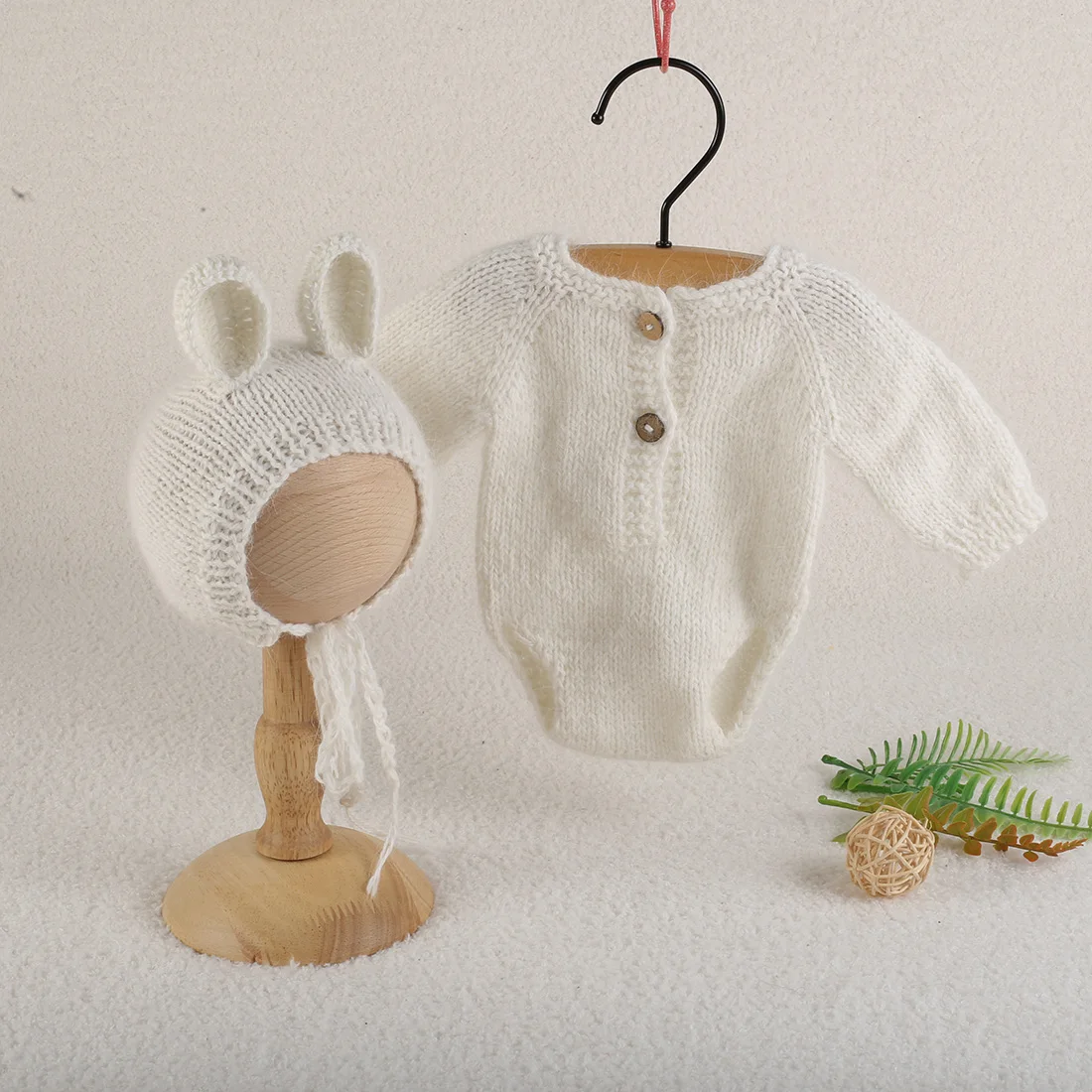 Vintage Knitted Newborn Rabbit Diaper Romper And Hat Overall Bunny Style Outfit Soft Stretch Clothes Set Newborn Photograph Prop