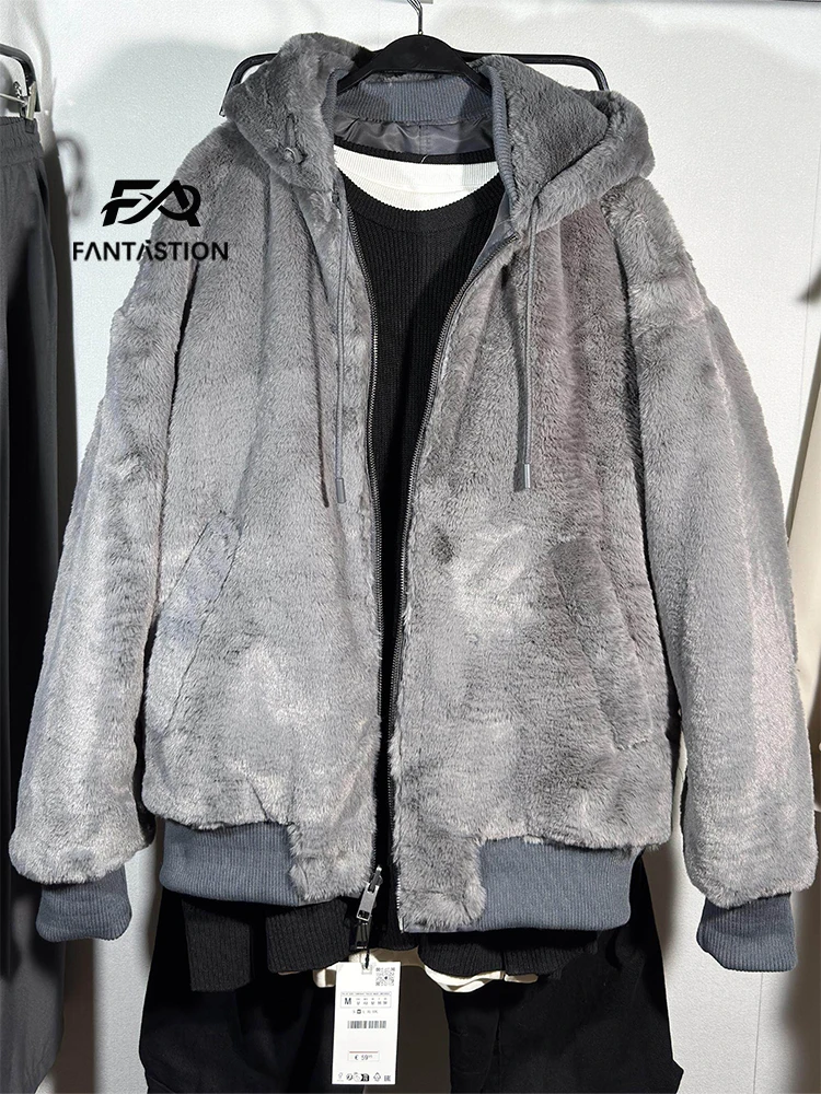 FANTASTION Double-sided hooded jacket Fleece-lined Jacket cotton coat Padding Fake fur jacket Men's winter padded jackets tops
