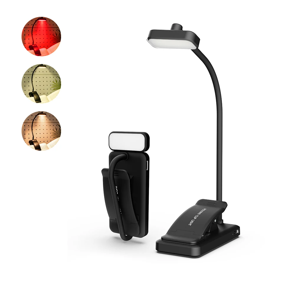 Oplaadbare clip-on boekenlamp cadeau met rood, warm wit, roze, 3 lichtstanden, flexibele zwanenhals, oogbeschermende cliplamp voor de slaapkamer