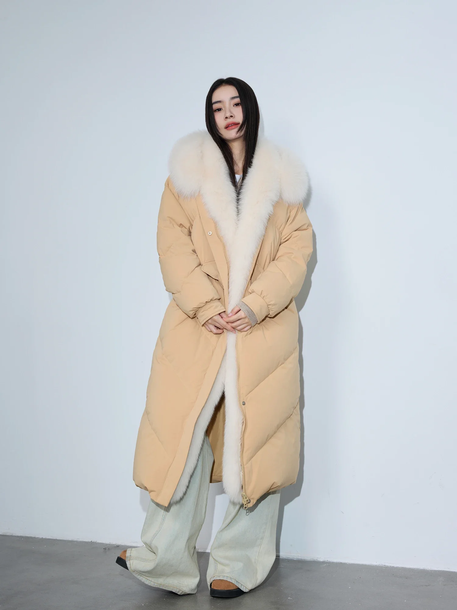 

90 White Goose Down Jacket Women's Long Fox Big Fur Collar Coat Down Jacket