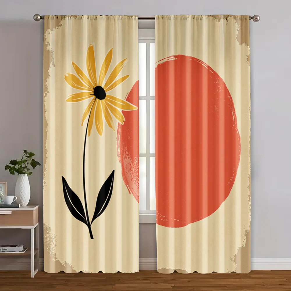 2pcs, Curtains&Drapes Abstract Floral and Red Circle Machine Washable Fabric (without rod) Versatile All for Bedroom, Office,