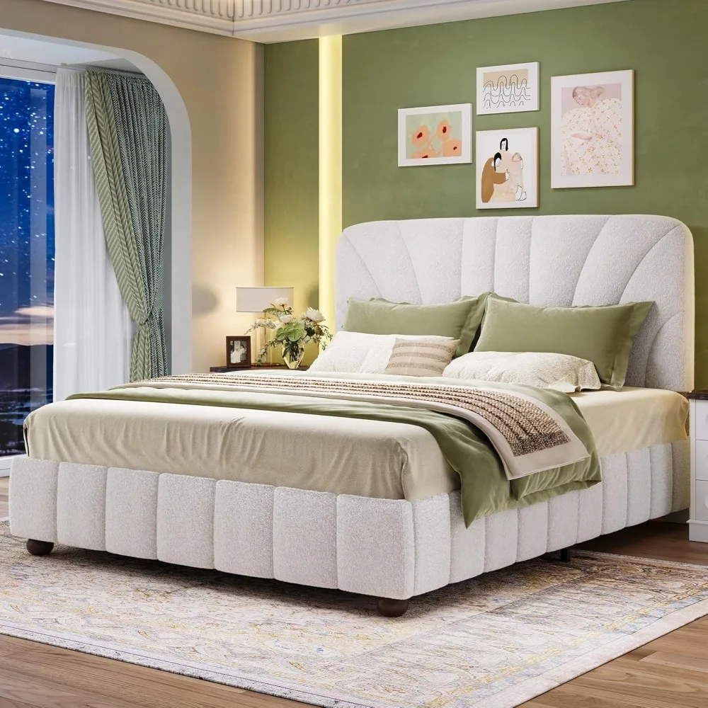 

Full-size Fabric Bed Frame with Adjustable Headboard and Solid Wood Slat Support