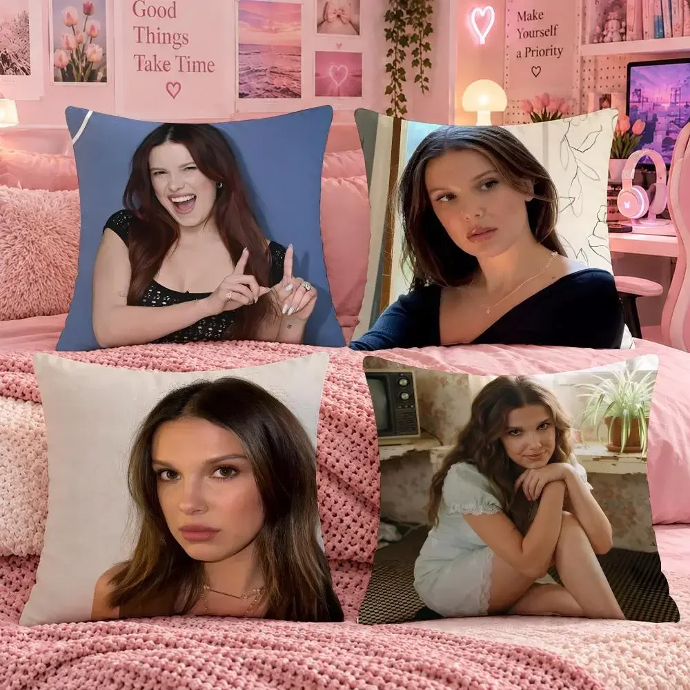 Actor Celebrity Portrait M-Millie Bobby Brown Cushion Cover Double Sided Print Short Plush Pillow Sofa Bedroom Dorm Room Gift
