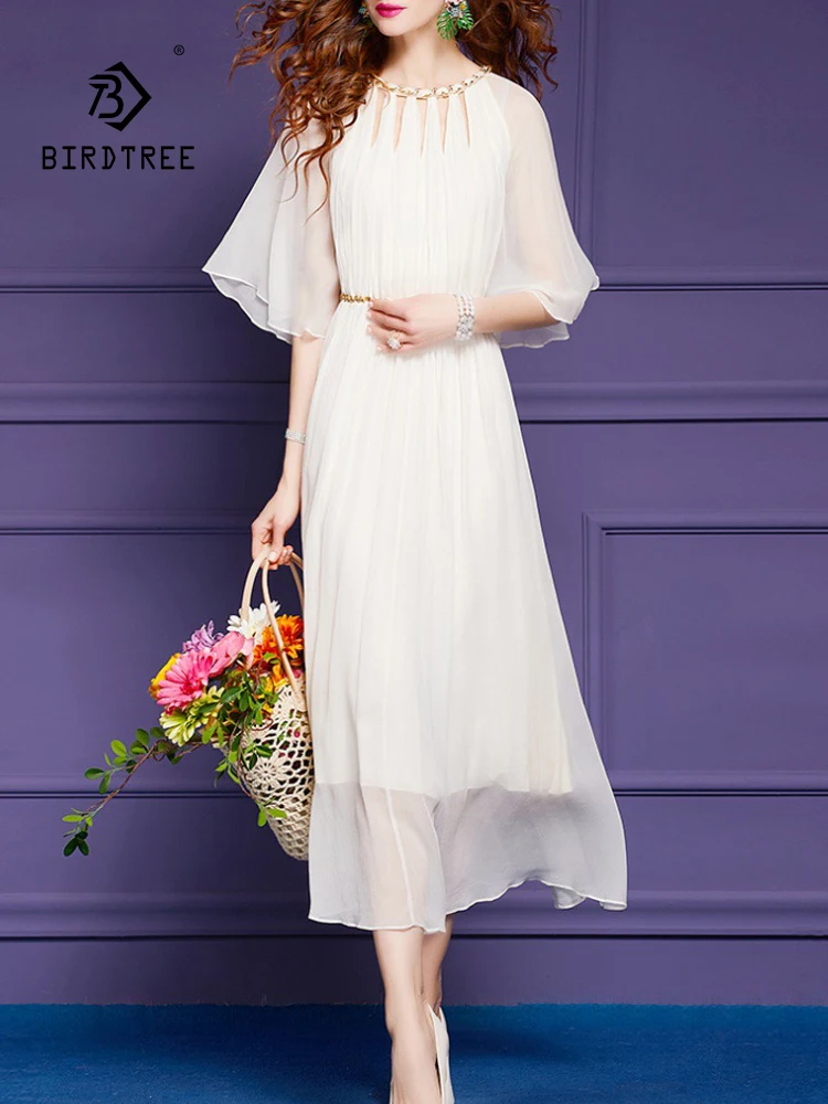 BirdTree, 100%Real Silk Elegant Dresses, Women Flying Sleeve O Neck Solid, French Sweet Tea Break Dress, 2024 Summer D461111QC