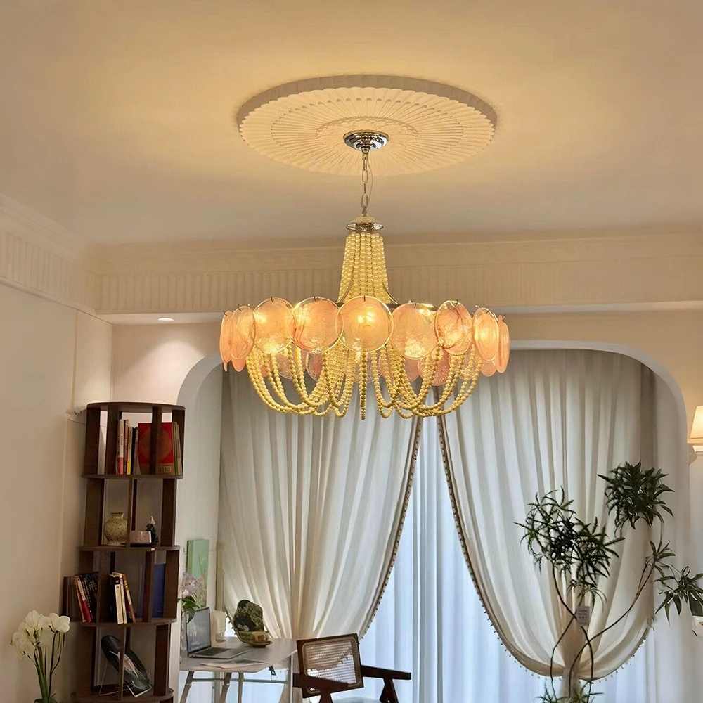 Murano Glass Chandelier With Pearl Strings For Living Dining Room Bedroom Round Colorful Glass Pendant Light Chrome Frame Lamp