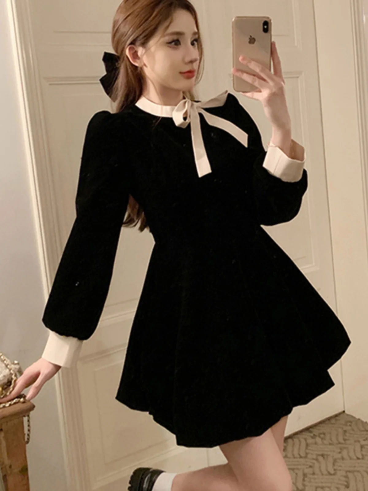 

Fashionable plus Size Loose Black Dress Short Style High Waist A-Line Skirt Polyester Fiber Long Sleeve Casual Autumn New Arr...