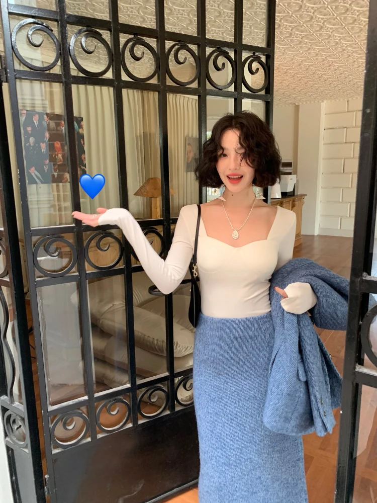 

Женская зимняя модная футболка с квадратным вырезом, укороченная, однотонная, с длинным рукавом, влагоотводящая, для ношения под одеждой