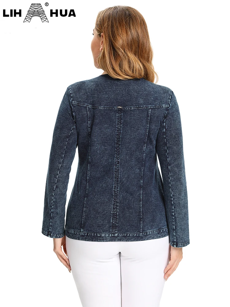 LIH HUA - Chaqueta vaquera de talla grande para mujer, informal, a la moda, con cremallera, vaquera de punto de algodón elástico