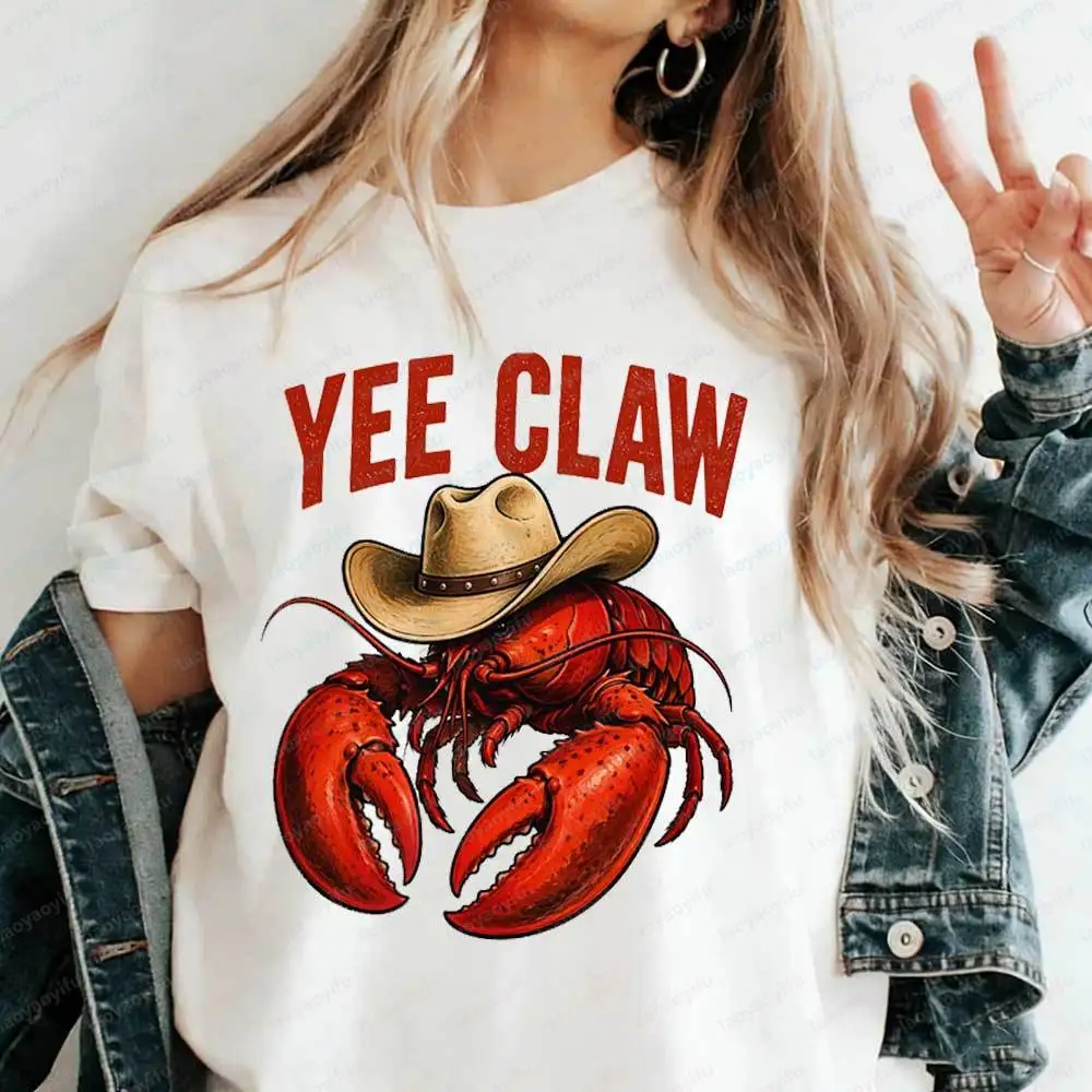 

Yee Claw Cowboy Lobster T-Shirt Funny Western Cowboy Hat Crawfish Graphic Tee Casual Short Sleeve Cotton Top Graphic T Shirts