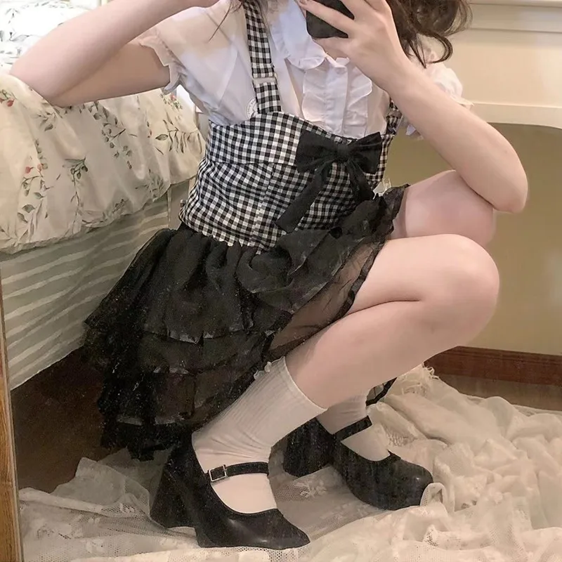 Karrram-minifaldas de pastel de Lolita para niñas, faldas góticas japonesas Harajuku, dulce vestido de baile negro Kawaii, faldas cortas de encaje de tul Jk