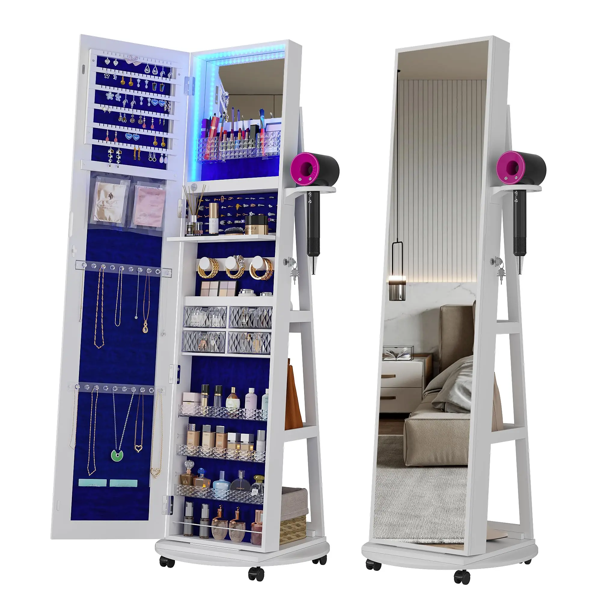 360° Swivel Jewelry Armoire with Mirror, LED Mirror Jewelry Cabinet Standing, Full Length Mirror with Jewelry Storage