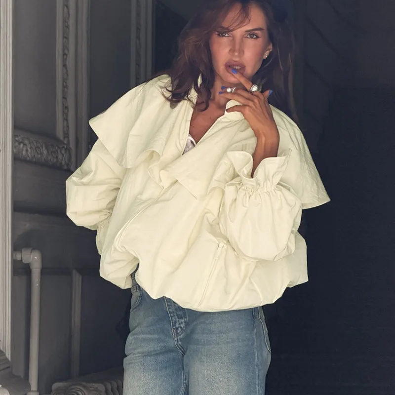 FRAYA LAB Women Cream Ruffle Collar Lantern Sleeve Loose Long Sleeve Cardigan Coat Fall Winter 2026 New Chic Trendy Classy Soft