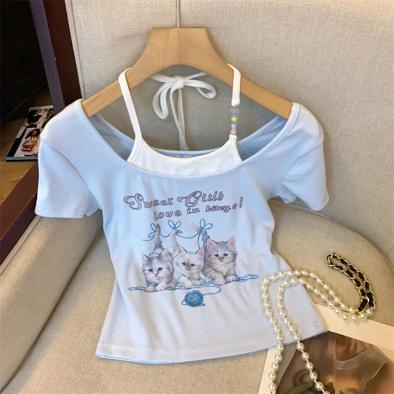 

Kawaii Fashion Preppy Style Spliced Halter Fakw Two Piece Summer Sweet Streetwear Cute Printing Women Clothes Cartoon Casual Top