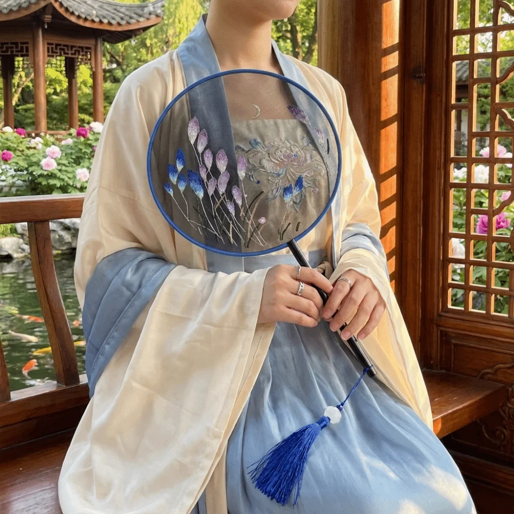 Vintage Wooden Handle Double Sided Embroidery Fan Flower Pattern Handheld Embroidered Silk Fan with Tassel Hanfu Hand Fan Party