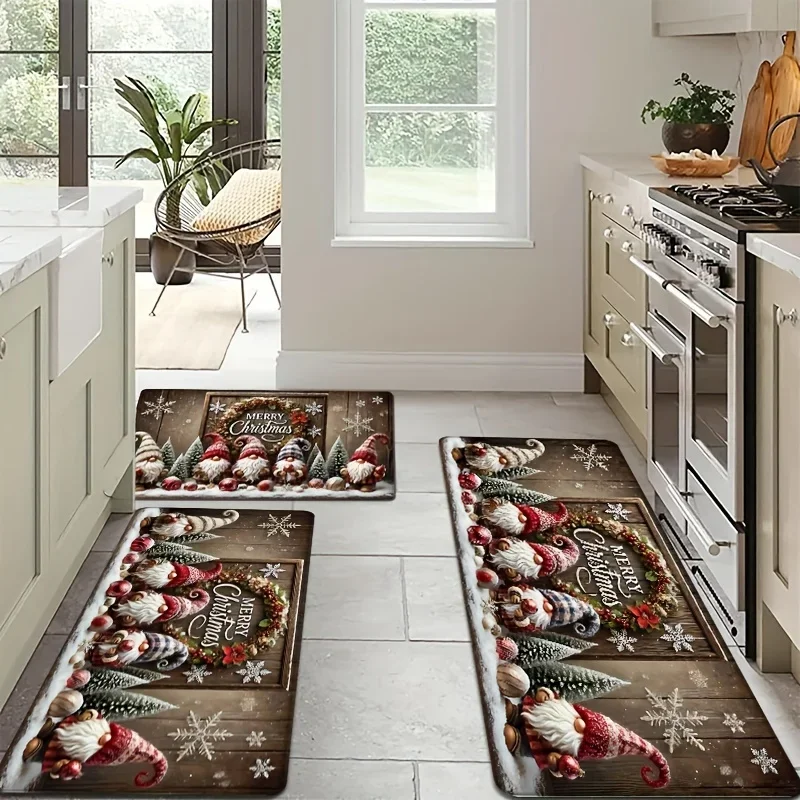 VIKAMA Christmas Kitchen Mat Four Gnomes Wreath Snowflake Xmas Tree Wood Print Soft Rug For Kitchen Dining Room Hallway Decor