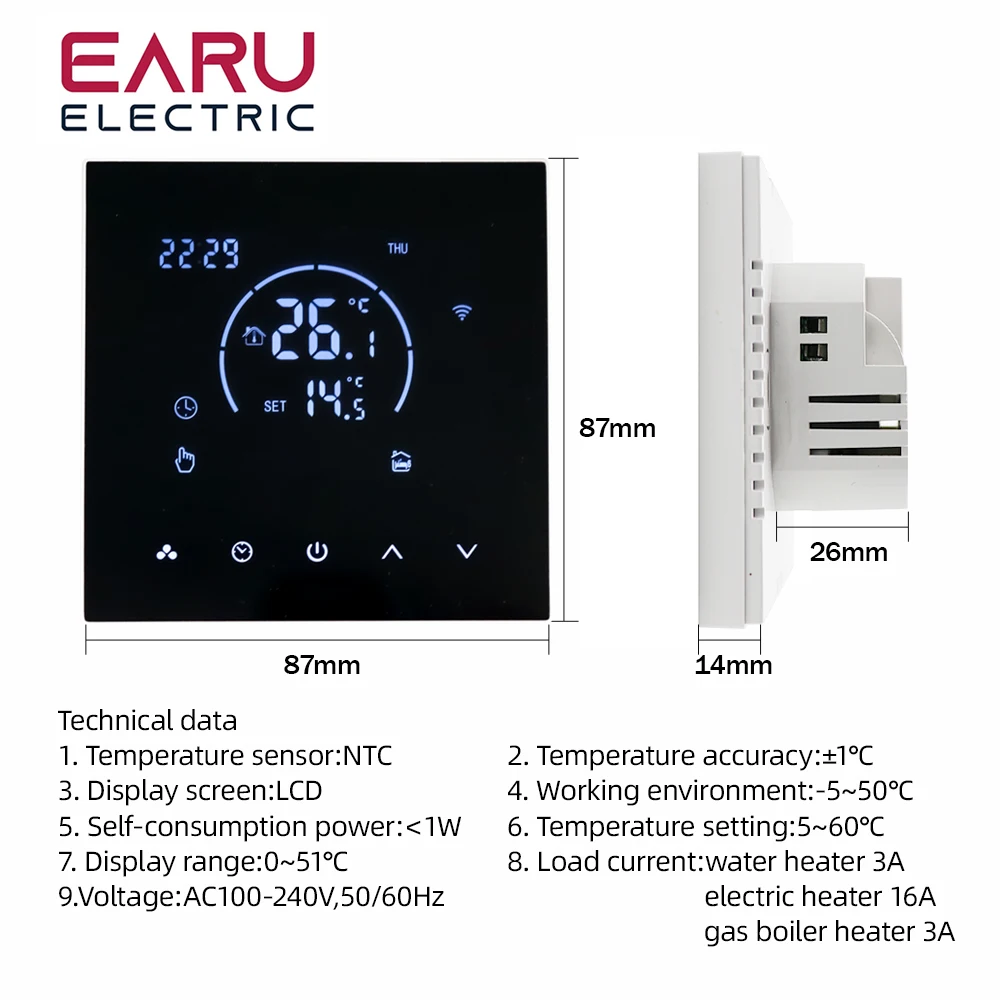 TUYA WiFi Thermostat Temperature Controller Water Electric Floor Heating TRV AC100V-240V 3A 16A Digital LCD Display Wall Mounted