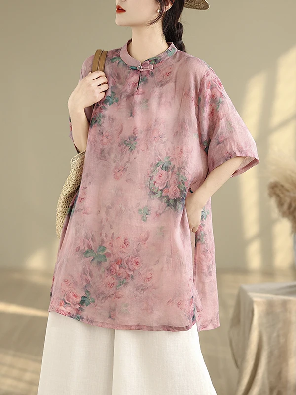 Flachsdruck Anti-Aging Tea irt Damen Große Größe Knopf Stehkragen Mittellanges Sve Blumenoberteil Bequeme Freizeitkleidung