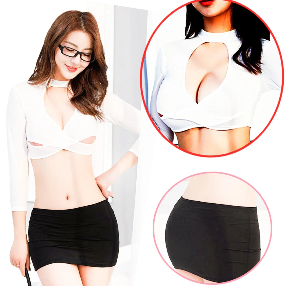 

Mini Dress Fantasy Teacher Cosplay BackLess Lingerie Erotic Cross Cup Underwear Gown BabyDoll Women uniform open Crotch