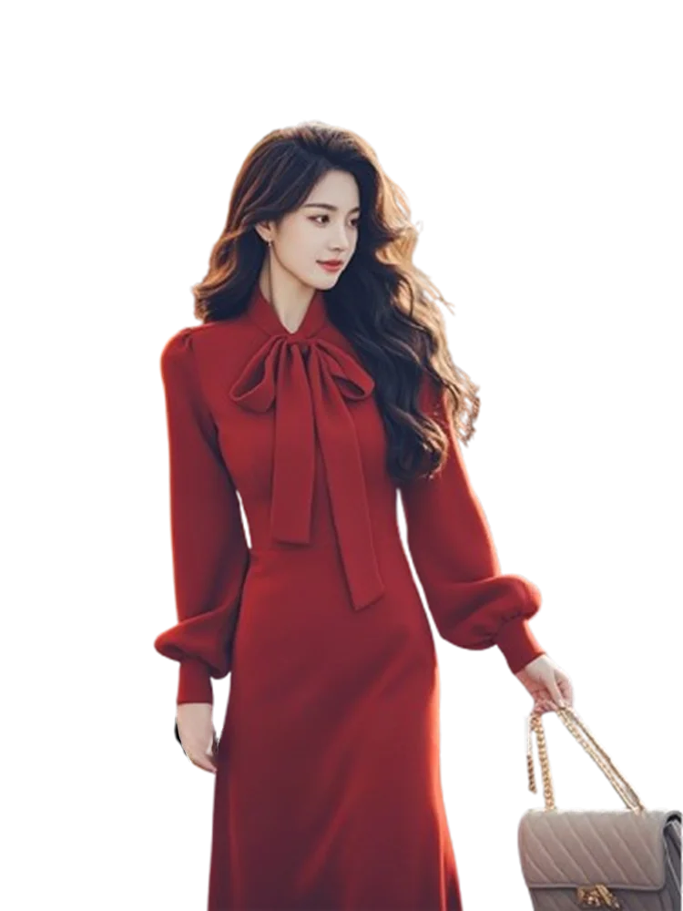 

Winter High-End Knitted Dr Women's Red Tea Sle Knot Dr Pear ape Body Fit Long Sve Mid-Length Coat