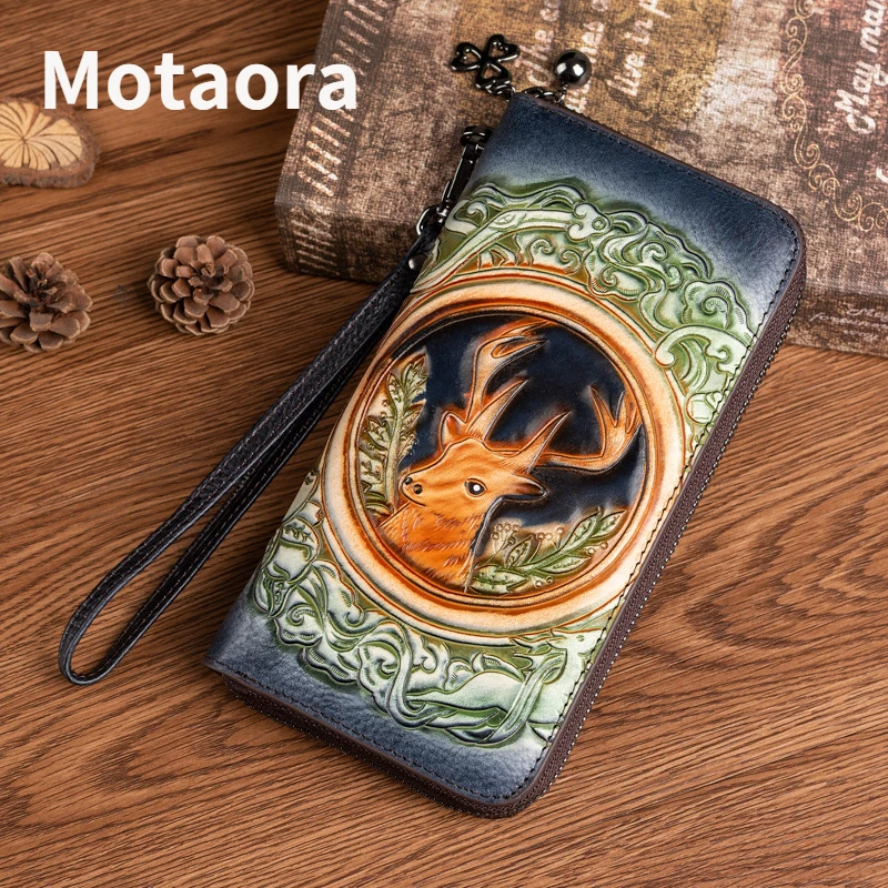 

MOTAORA Vintage Genuine Leather Women's Wallets For Woman Handmade Long Wallet Card Holder Retro Embossed Cowhide Female Purse