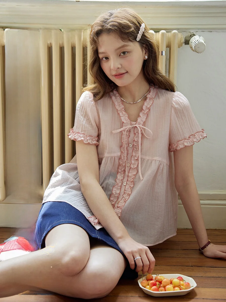 

Новая женская повседневная блузка в стиле ретро с плиссировкой, V-образным вырезом, рукавами-фонариками и оборками, свободного кроя