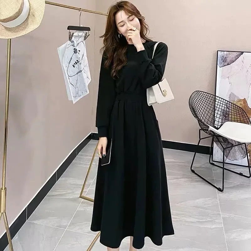 Women New Autumn Winter Warm A-Line Dresses O-neck Lantern Sleeve Slim Waist Sweatshirts Dresses Long Sleeve Solid Colors Dress