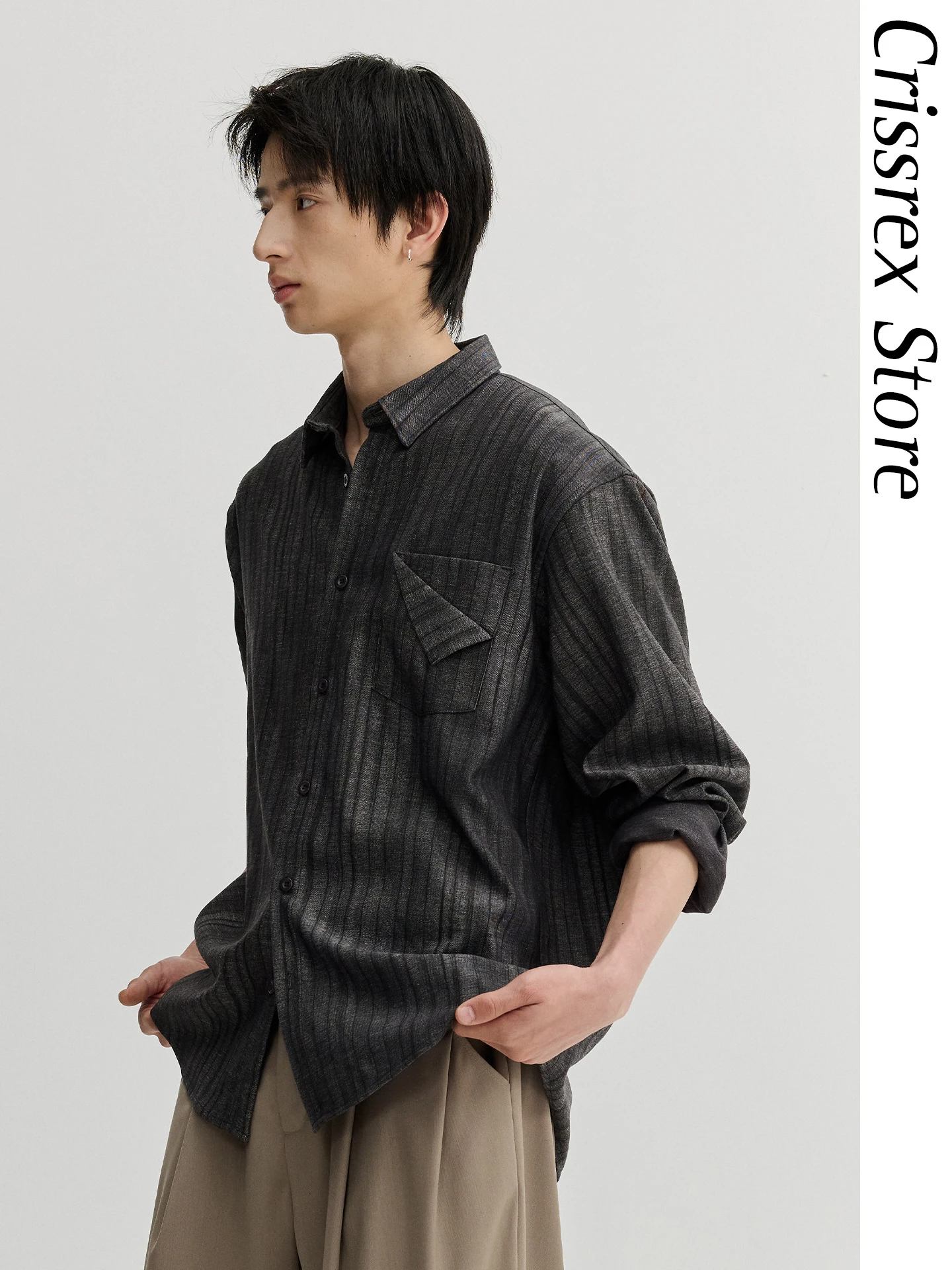 

Casual Loose Polyester Fiber irt with ket k Stripe Pattern Crissrex Store Vermicelli VMCL Bla Leisure Long Sve S...