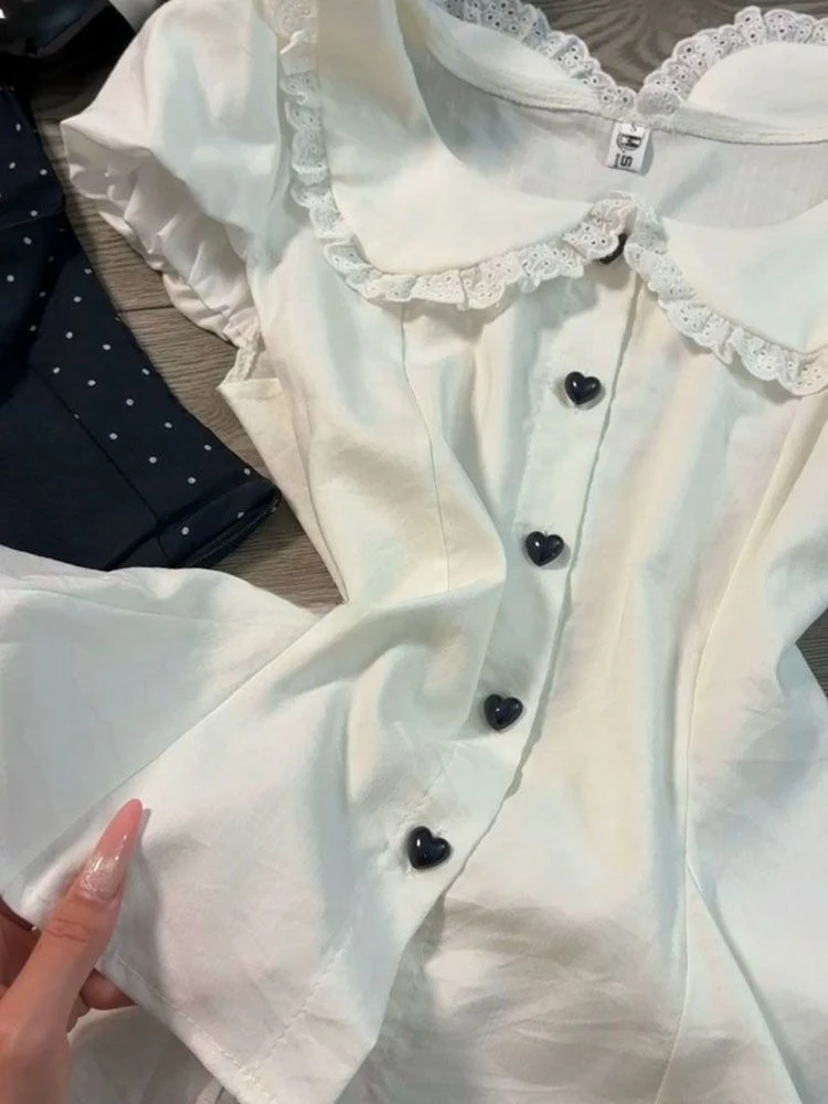 Summer New Doll Collar Shirt Polka Dot Pleated Skirt Suit French Cute Lace Love Waist Coat College Style Two-piece Sweet Girl view 2