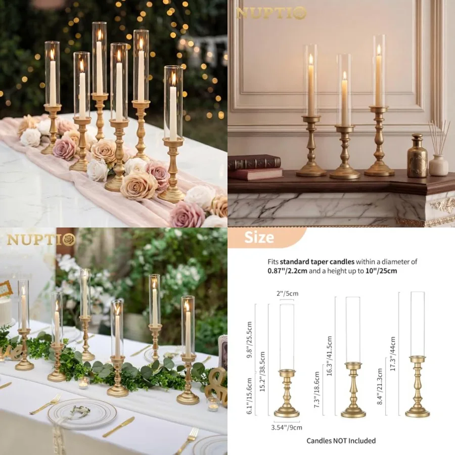 

Gold Candlestick Holders Bulk: Set of Tall Hurricane Glass Taper Candleholders - Vintage Candles Stick Stand for Wedding Bridal