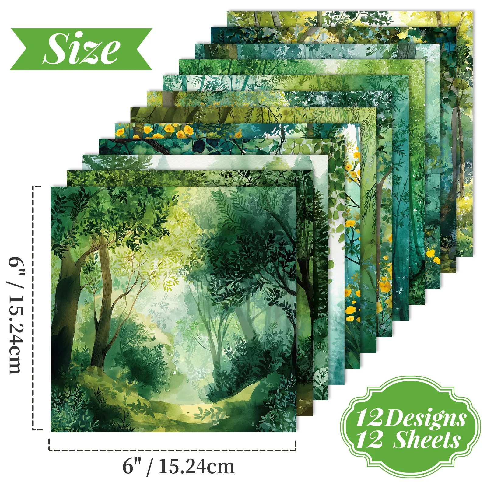 12 Sheets 15*15cm of Forest Oil Painting Material Color Paper Creative Simple Handbook Base Paper Material Colorful Paper Sheets