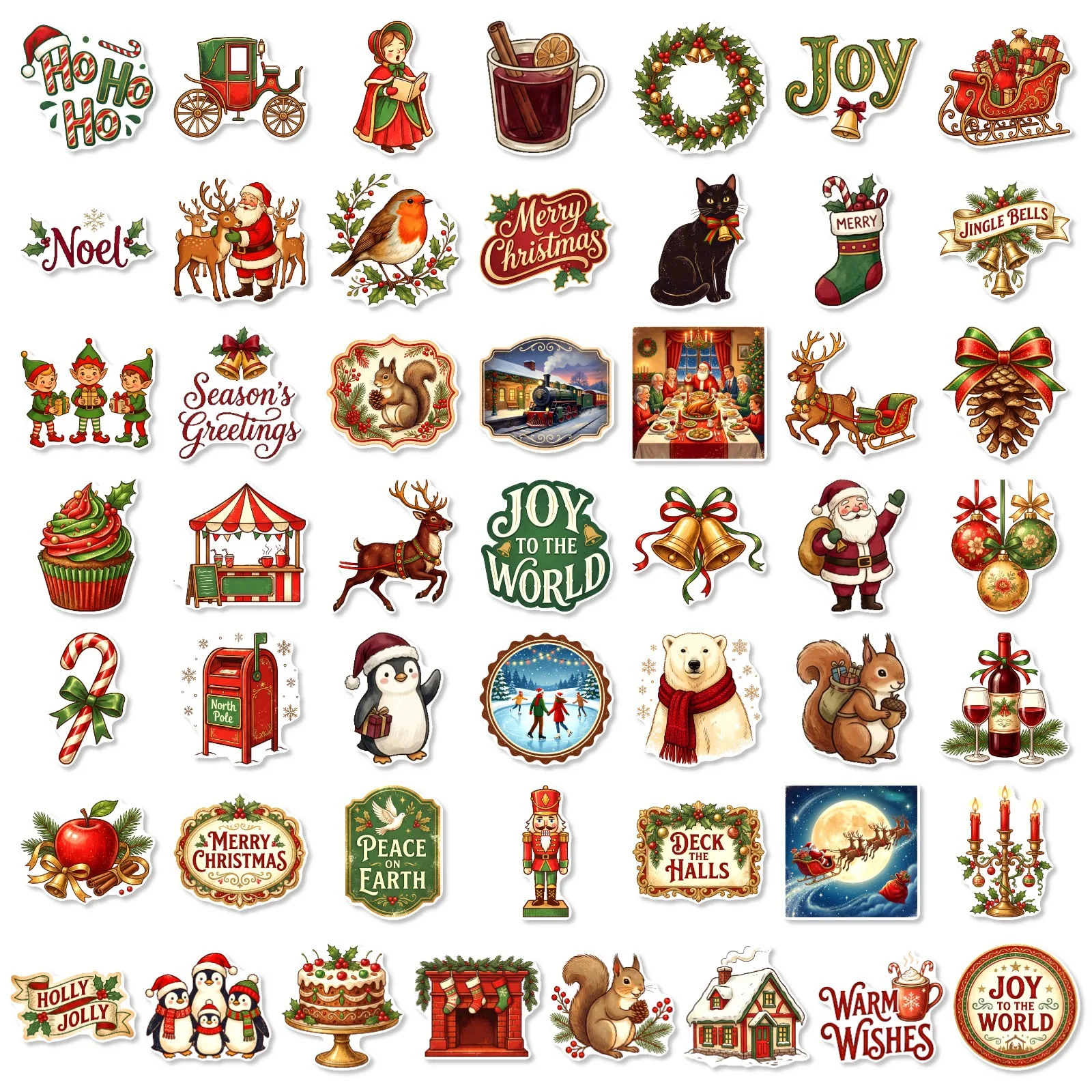50PCS Vintage Christmas Stickers, Santa Sleigh Reindeer DIY Decals for Water Bottle Phone Laptop Luggage Journal Scrapbook