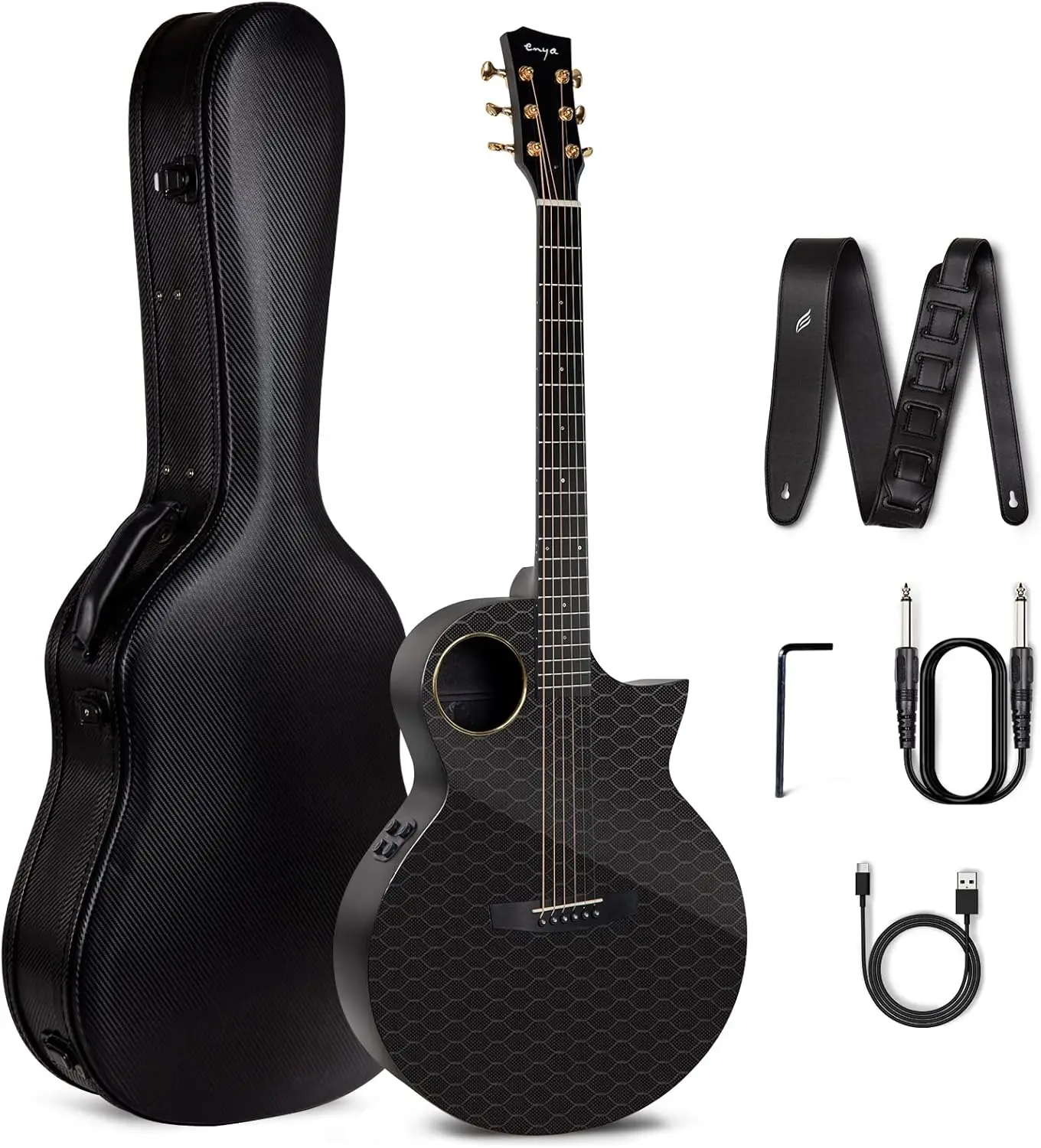 Carbon Fiber Acoustic  Guitar with Hard Case, Leather Strap, USB Type-C Cable and Instrument, X4 Pro