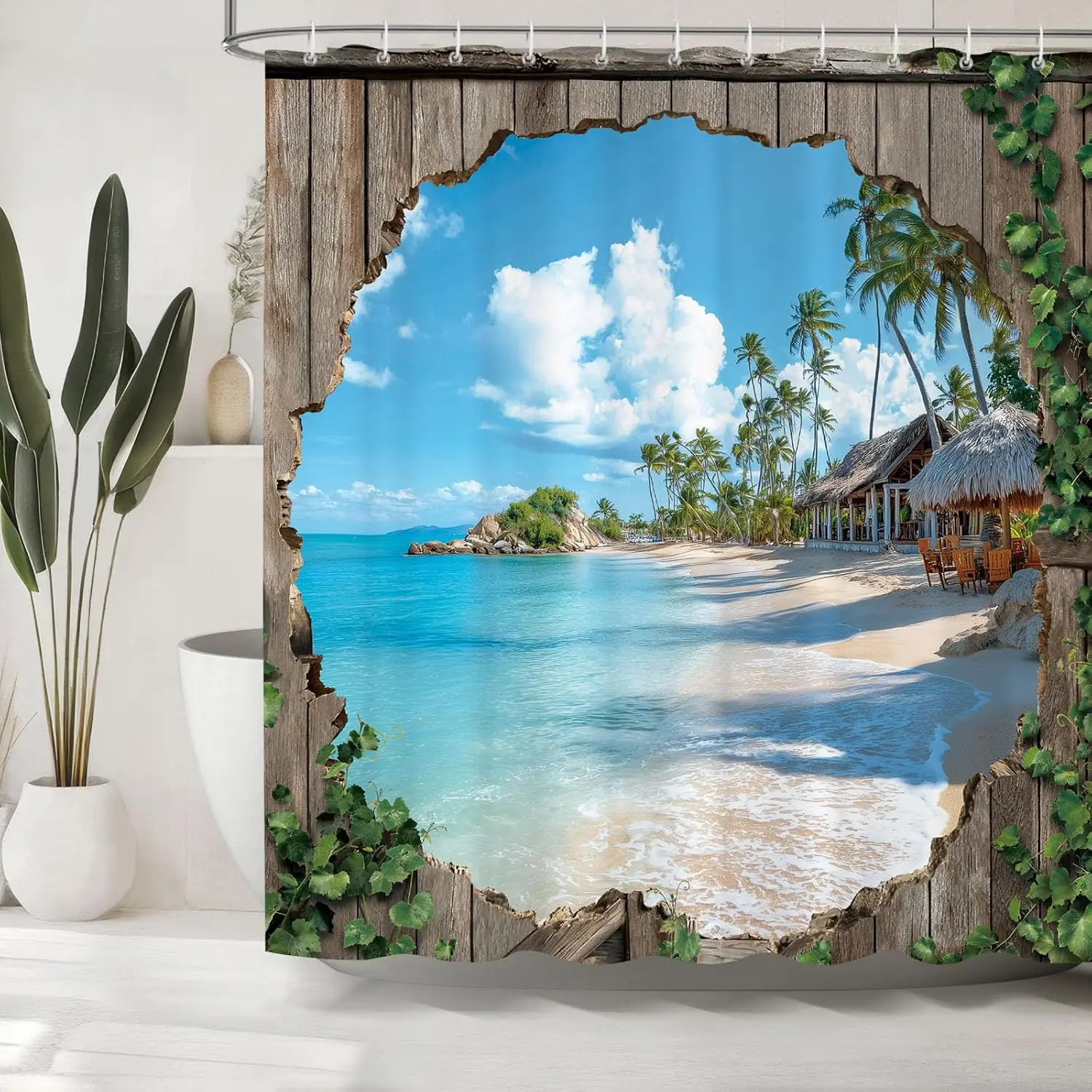 Sea Beach Shower Curtains for Bathroom, Beach Scene Through Barn Door Hole Bathroom Shower Curtain Seaside Landscape Curtains