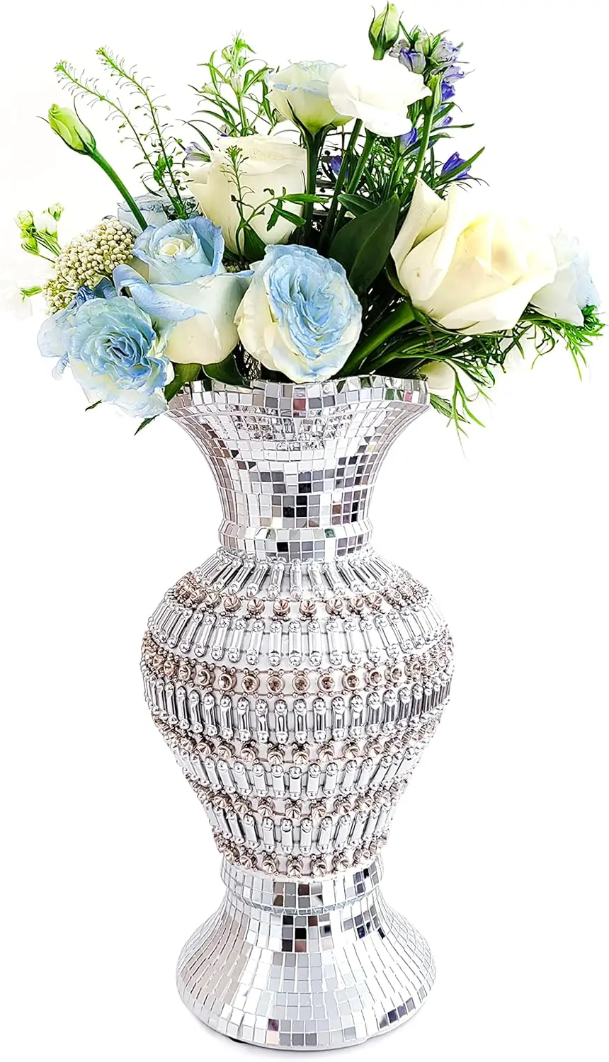 

Large Ceramic Vase Inlaid With Rhinestones,Vintage Silver Flower Vase For Home Decor, Decorative Flower Vase For Living