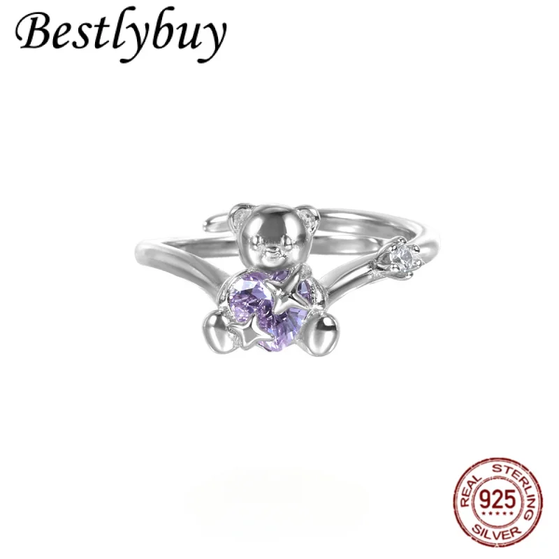 

S925 чистое серебро милое кольцо с медведем оригинальный дизайн натуральный фиолетовый кристалл любви персонализированное кольцо женская мода элитные ювелирные изделия