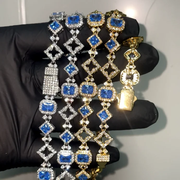 Party Geometric 11mm Blue Gemstone Glister Cluster Hip Hop Link Bracelet for Men Women Dropshipping Wholesale Drop Shipping