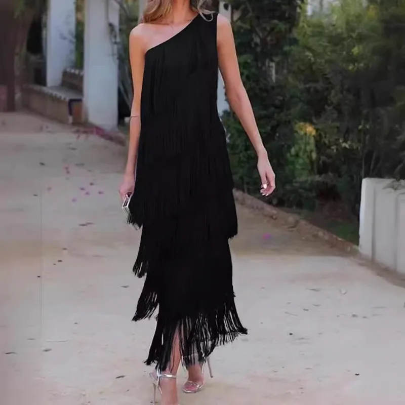 Elegant Women One Shoulder Cocktail Party Dress Sexy Luxurious Sleeveless Tassel Graduation Guest Dress Long Evening Dress Gown