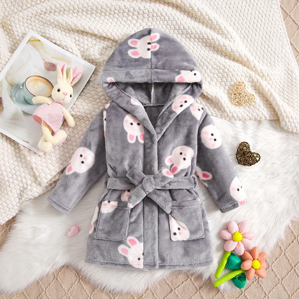 Infant Girls' Hooded Fleece Bathrobe, Cute Bunny Pattern Full Print Soft Plush Comfortable Durable & Cozy Homewear Warm Robe For