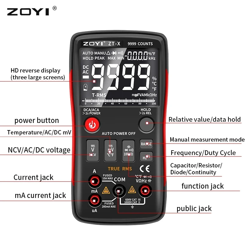 zoyi Automatic Range Digital Multimeter True-RMS intelligent NCV 4000 Counts AC/DC Voltage Current Ohm Test Tool zt-x ZT-S1