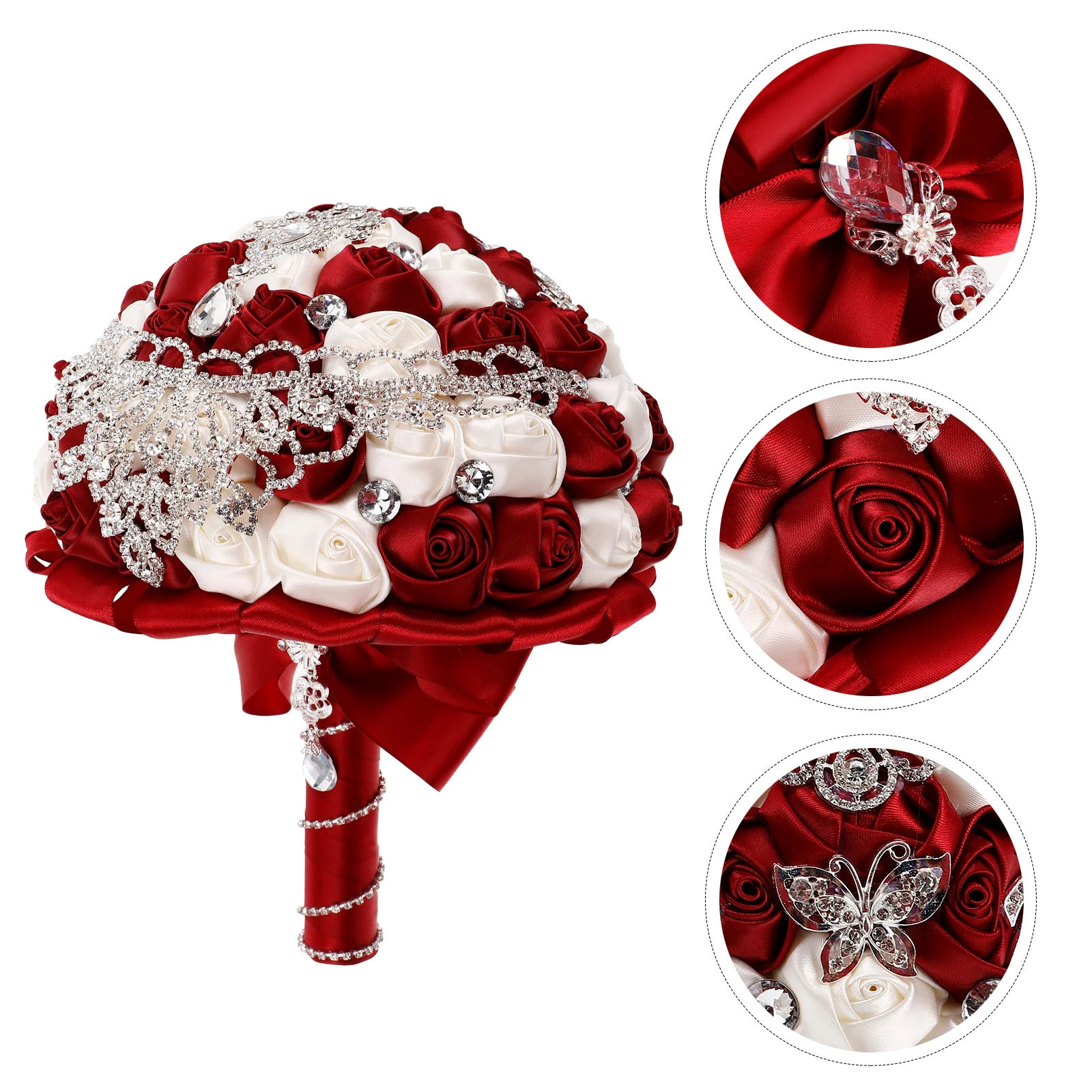 

Bridal Bridesmaid Bouquet Wedding Flowers Decorations Sparkling Rhinestones Satin Ribbon Rosebud Design Artificial Roses Bridal
