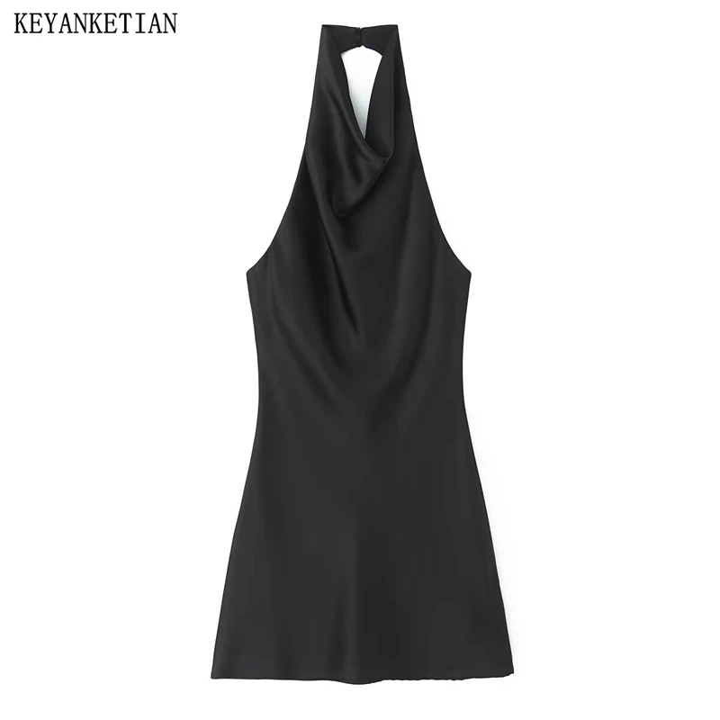 

KEYANKETIAN 2025 Summer New Women's Satin Halter Swinging collar Sleeveless Mini Dress Sexy Slim Backless A Line Dresses Black