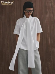 Clacive Casual Loose White Cotton Women's Shirt 2025 Summer Bow Collar Short Sleeve Shirts Elegant Classic Top Female Clothing