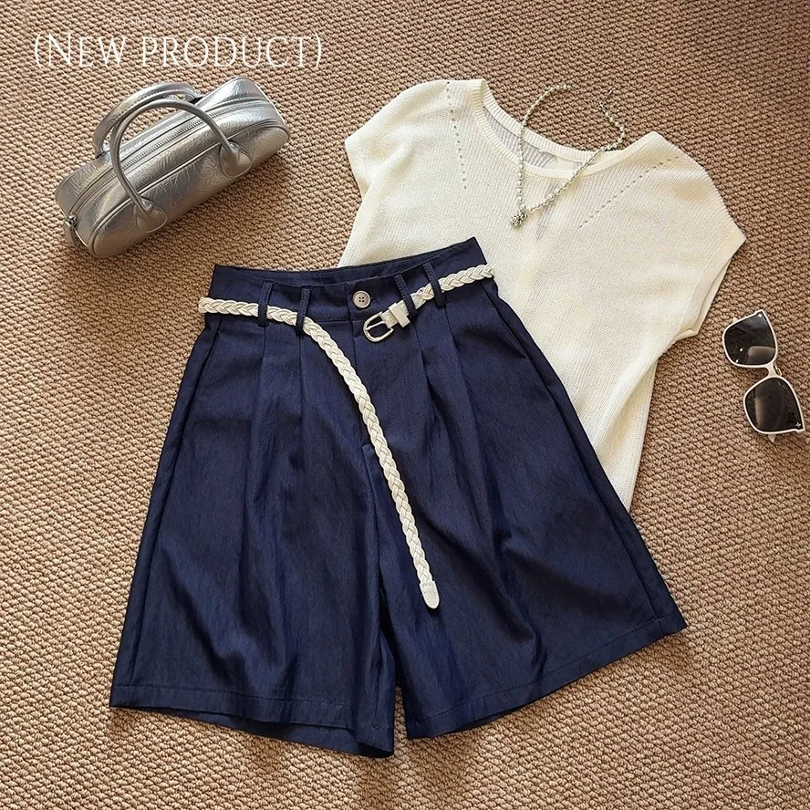 

Темно-синие женские тонкие джинсовые шорты с высокой талией, летние однотонные повседневные полубрюки, женские мягкие широкие шорты трапециевидной формы