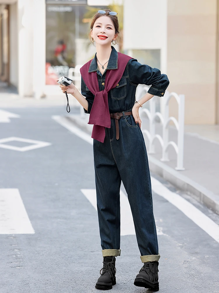 Luźne spodnie robocze typu denim, modne na wczesną jesień, nowe damskie spodnie ular, przeciwstarzeniowe, z wysokim stanem, długie, bawełniane, cienkie, model