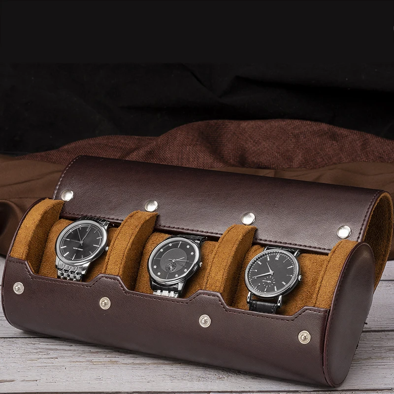 3 Slots Watch Roll Travel Case Portable Vintage Leather Display Smart Watch Storage Box Jewelry Pouch Organizer Brown Black