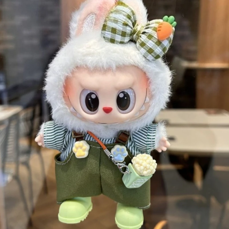 

Summer Doll Clothes Suitable for Labubu V1 V2 V3 17CM Doll ClothesGreen Overalls Bow Hairpin Set Peripheral Cartoon Cute Toys