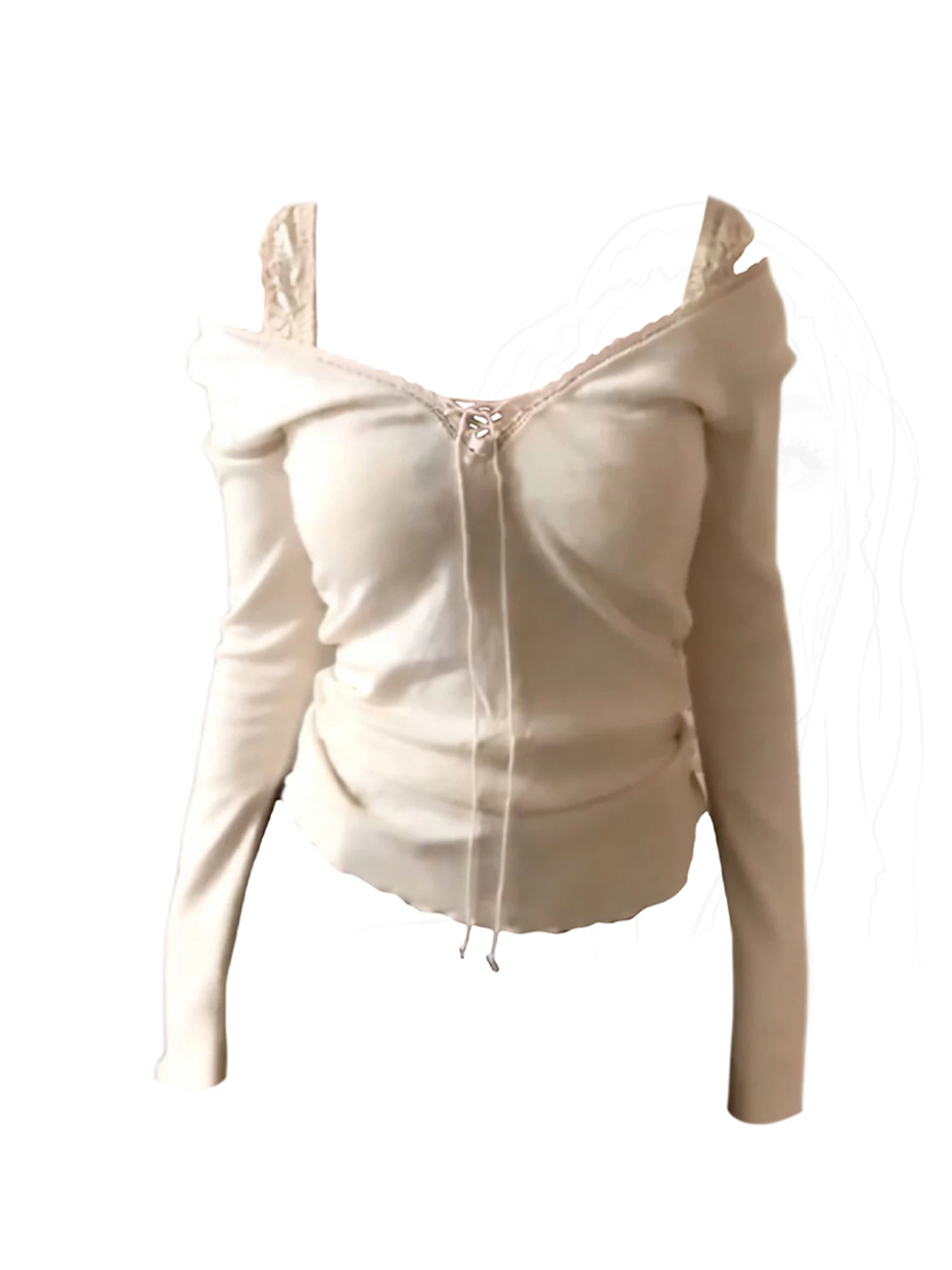 

Women Apricot V-Neck T-shirt Y2k Gyaru Tee Top 2000s Vintage Aesthetic Long Sleeve Oversize Knit T-shirt Clothes Spring Autumn