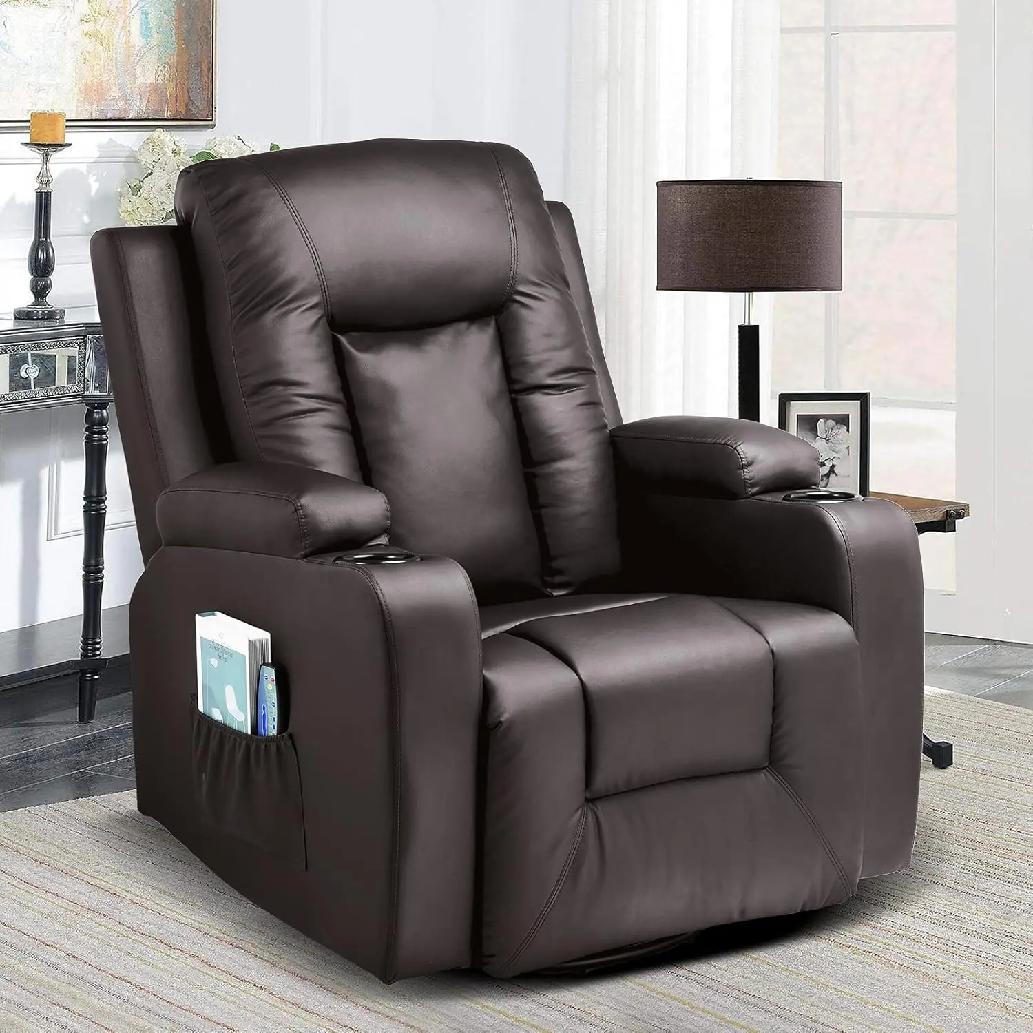 

Chair, PU Rocking Chair for Adults, Swivel Recliner with Cup Holders, Heat and Massage, Single Sofa Seat with Side Pockets