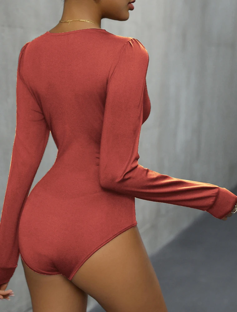 

Women Deep V Neck Bodysuit Long Sleeves Lace Patchwork Bodycon Jumpsuits Elegant Slim Fit Solid Color Romper